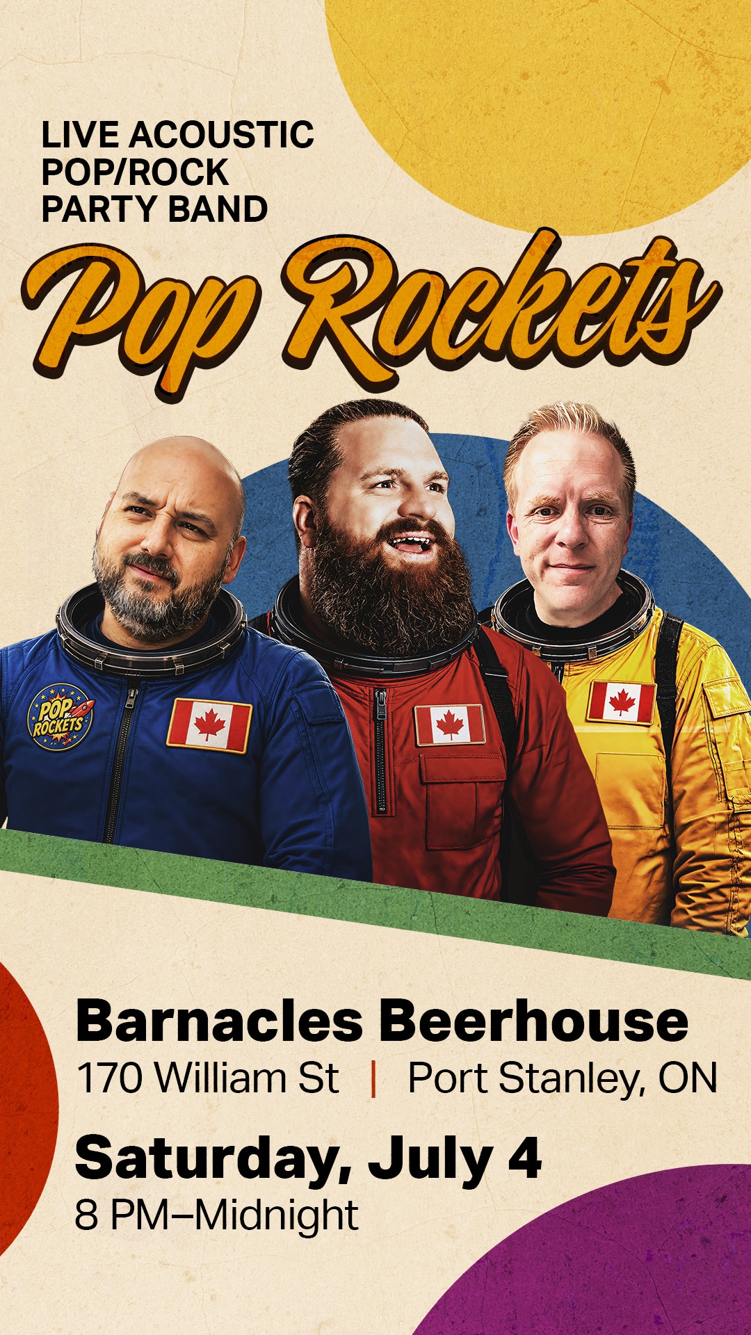 Pop Rockets will be performing at Barnacles Beerhouse in Port Stanley on July 4 from 8 PM–Midnight