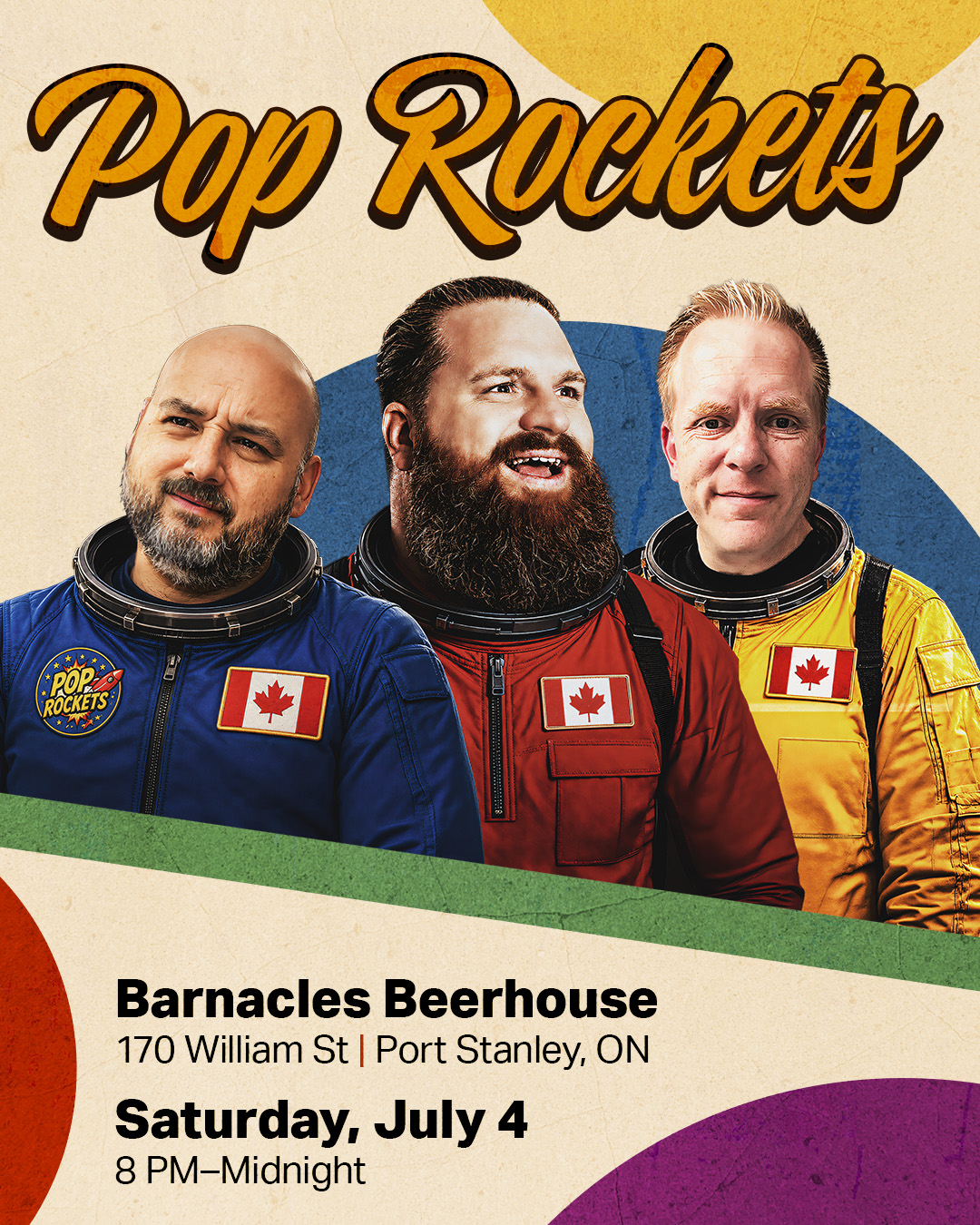 Pop Rockets show poster for Barnacles Beerhouse on July  4, 2026